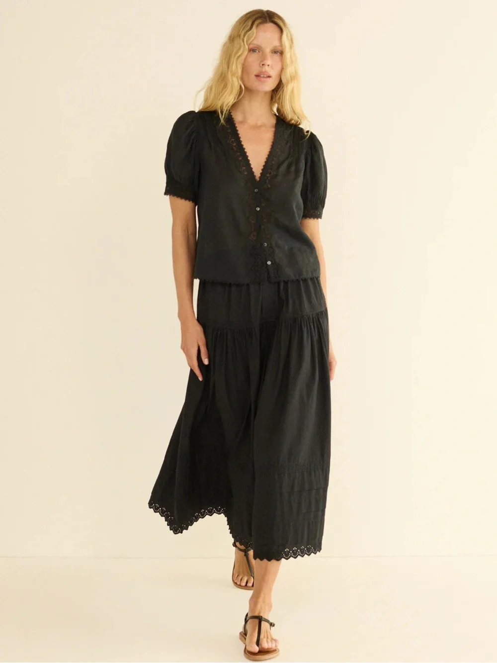 Doen Brigitta Lace Ramie V Neck Button Short Puff Sleeve Blouse Top Black